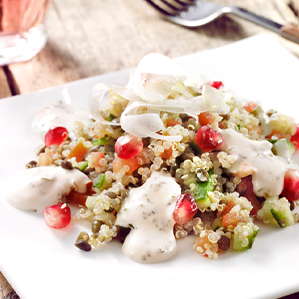 Quinoasalade met linzen en een dressing van geitenkaas